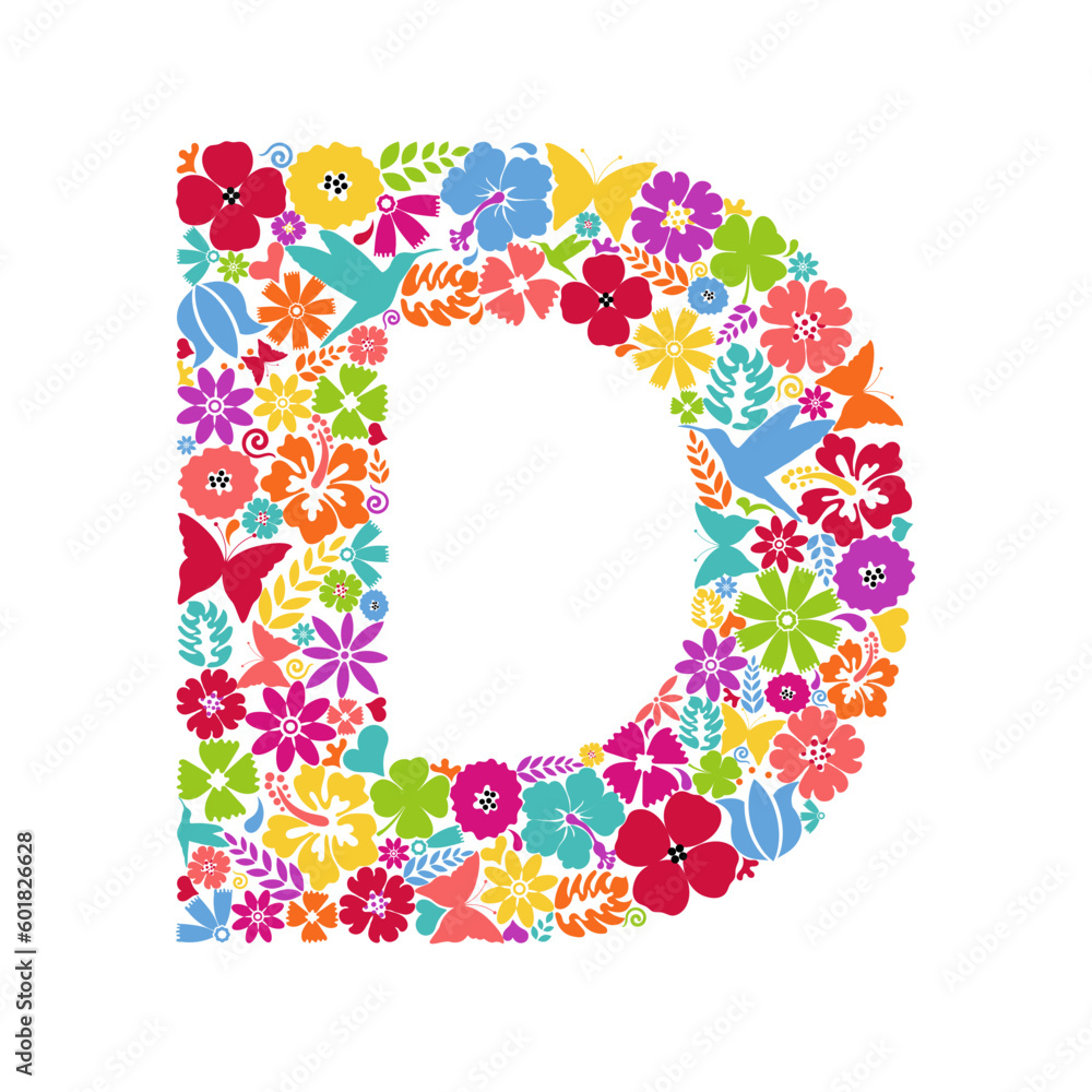 Flower alphabet. Flower symbols forming letter D. Floral ornament in the form of a letter. Flower alphabet. Flower symbols forming letter D. Floral ornament in the form of a letter.
