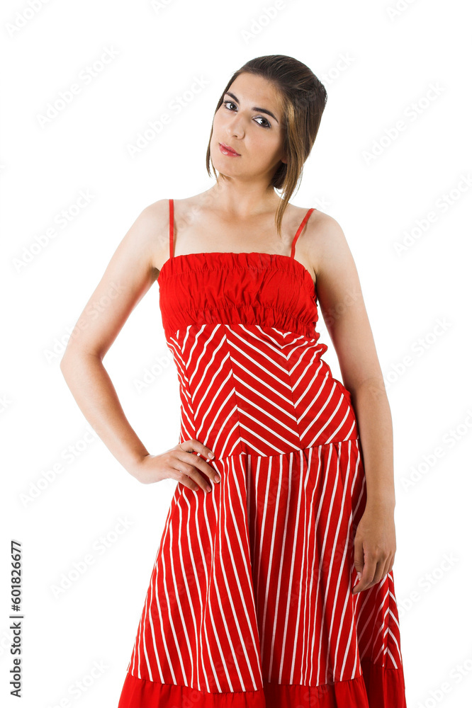 Portrait of a beautiful young woman isolated on white with a red dress Portrait of a beautiful young woman isolated on white with a red dress