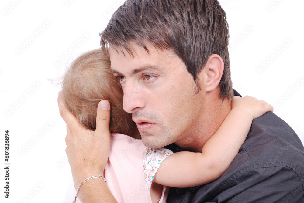 Happy father is huging his daughter isolated Happy father is huging his daughter isolated