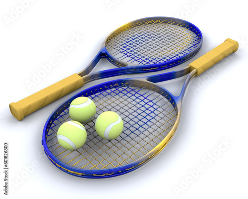 3d render of tennis raquet and balls