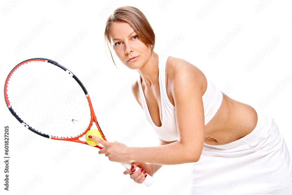 beautiful girl with tennis racket on a white background beautiful girl with tennis racket on a white background