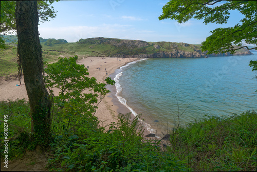 Barafundle Bay, tree lined sandy beach with turquoise waters photo