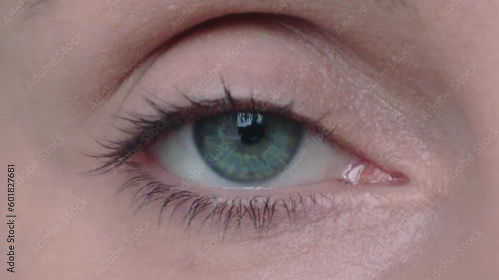 A female eye looks into the camera close-up. The blue iris of the human eye. Slow motion video. High quality Full HD footage A female eye looks into the camera close-up. The blue iris of the human eye. Slow motion video. High quality Full HD footage