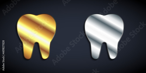 Gold and silver Tooth icon isolated on black background. Tooth symbol for dentistry clinic or dentist medical center and toothpaste package. Long shadow style. Vector