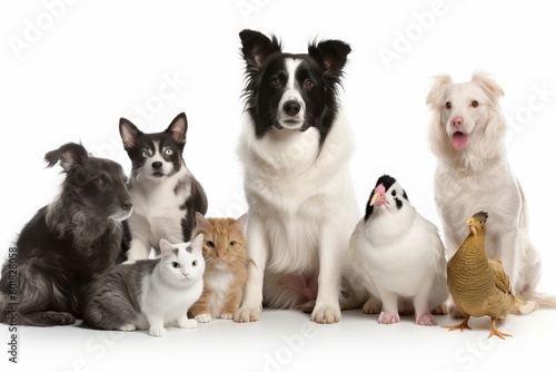 Group of Pets Posing Around a Border Collie Dog