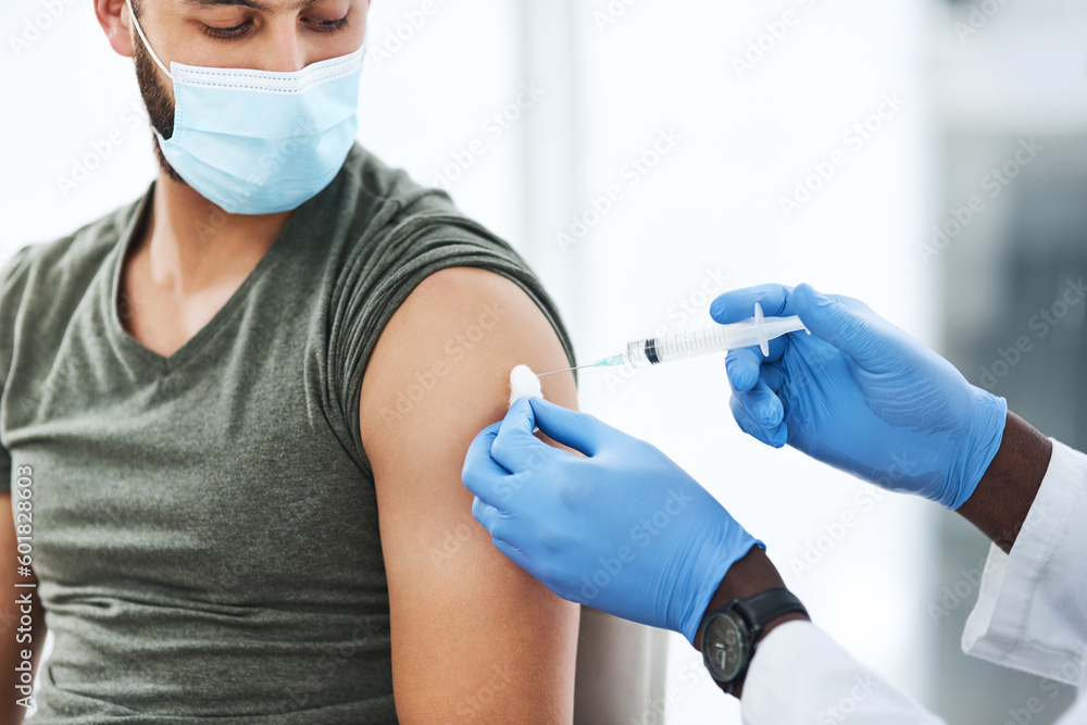 Covid, vaccine and man doctor with cotton in healthcare consultation for safety or prevention. Corona, vaccination and arm injection for guy person by physician in gloves for hospital compliance Covid, vaccine and man doctor with cotton in healthcare consultation for safety or prevention. Corona, vaccination and arm injection for guy person by physician in gloves for hospital compliance