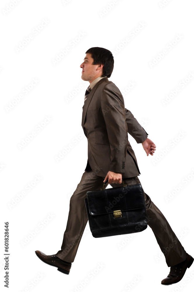 Businessman go to work with a briefcase isolated over white background Businessman go to work with a briefcase isolated over white background