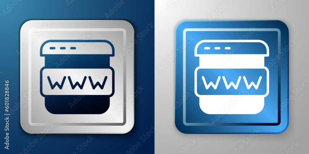 White Browser window icon isolated on blue and grey background. Silver and blue square button. Vector White Browser window icon isolated on blue and grey background. Silver and blue square button. Vector