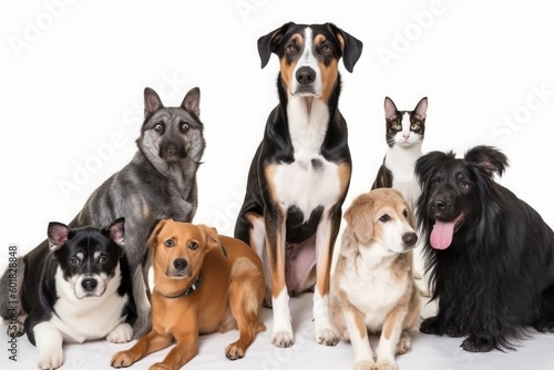 Group of Pets Posing Around a Border Collie Dog