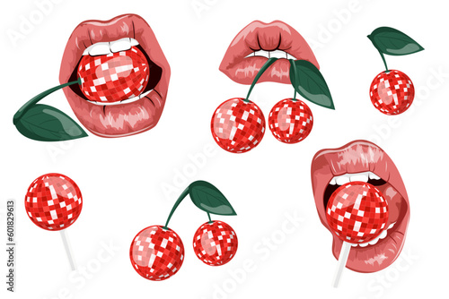 Set of stickers and patches with lips in cartoon style 80s-90s in vector.Illustration isolated.