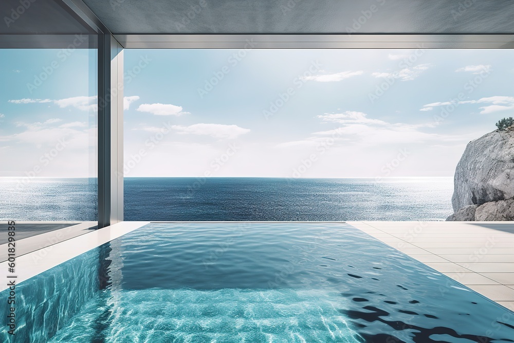 Fototapeta premium large swimming pool in an oceanfront apartment with ocean view ai generated