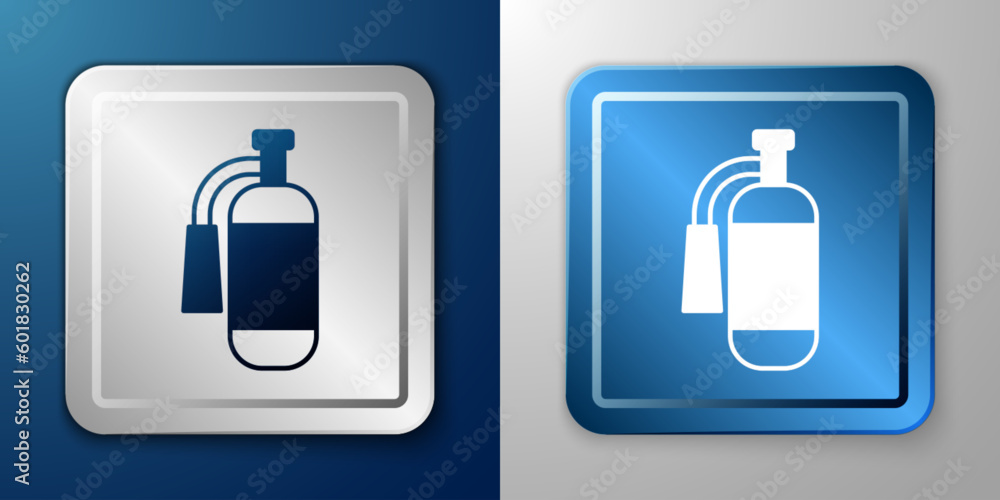 White Fire extinguisher icon isolated on blue and grey background. Silver and blue square button. Vector White Fire extinguisher icon isolated on blue and grey background. Silver and blue square button. Vector