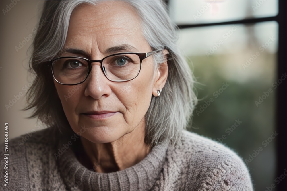 Portrait of the retired grandmother, with long grey hair. Generative AI Portrait of the retired grandmother, with long grey hair. Generative AI