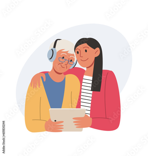 Active seniors. A modern elderly woman actively spends time studying modern technologies, uses a gadget with her granddaughter. Vector illustration