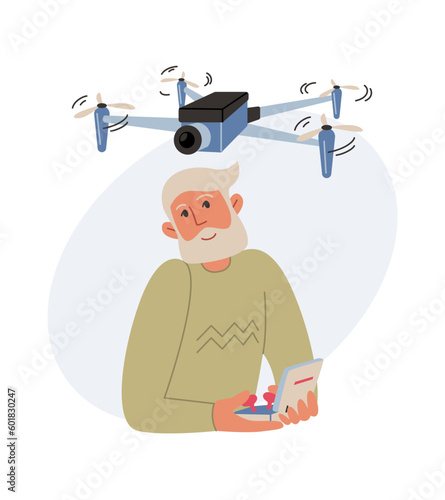 Active seniors. A modern elderly man actively spends time studying modern technologies, controls a quadrocopter, a drone. Vector illustration