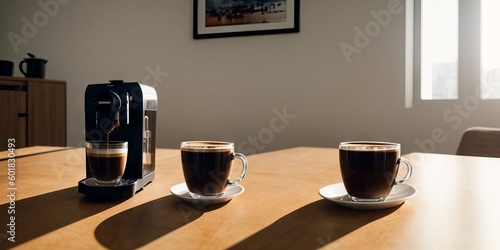 coffee machine with cup of fresh espresso coffee near it on wooden kitchen counter with interesting perspective, with cup and cappuccino automat in focus and blurred background. Generative AI