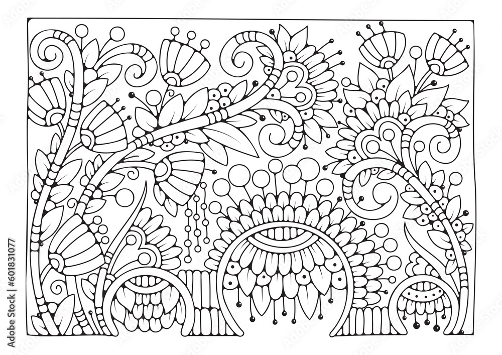 Floral background for coloring, coloring page for children and adults. Background with flowers for drawing.