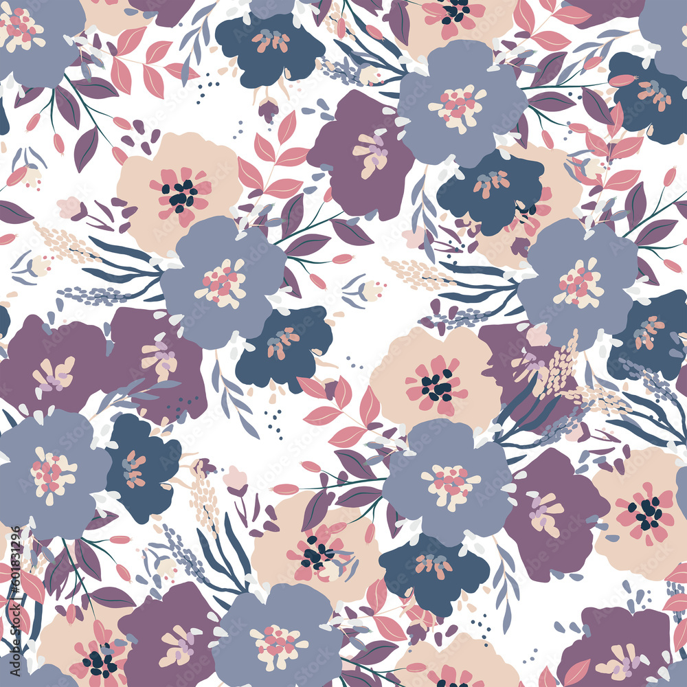 Obraz premium tiny bloom meadow flowers elements branches berry boho garden leafs wedding invitation clipart seamless pattern