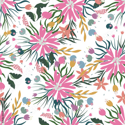 tiny bloom meadow flowers elements branches berry boho garden leafs wedding invitation clipart seamless pattern