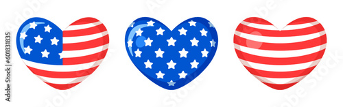 Heart shaped national flag of The United States of America. Hearts isolated on white background. I love Amerika vector sign with stars and stripes. Sticker for the 4th of July Independence Day USA.	
