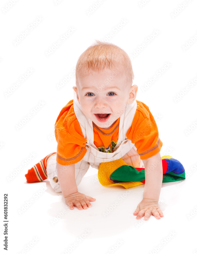 Happy baby boy crawling