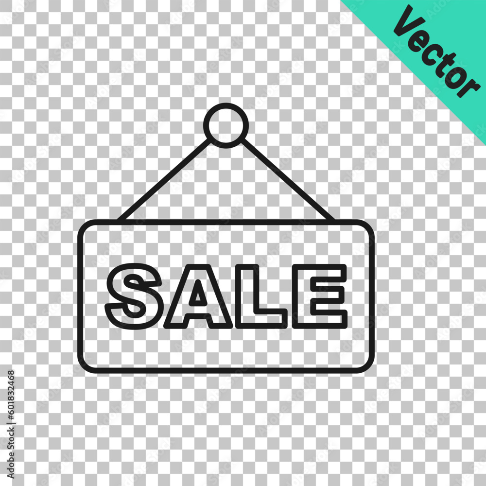 Black line Hanging sign with text Sale icon isolated on transparent background. Signboard with text Sale. Vector Black line Hanging sign with text Sale icon isolated on transparent background. Signboard with text Sale. Vector