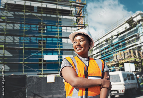 Engineer, construction and a black woman thinking outdoor at building site for development and architecture. Female contractor happy for project management, engineering and equal opportunity in city