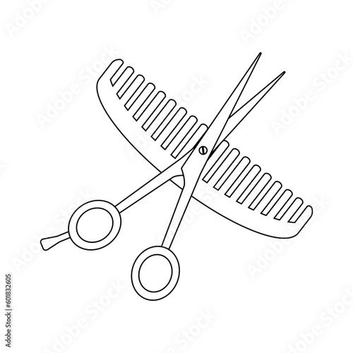 Silhouette of hairdressing scissors and combs with large teeth on a white background.