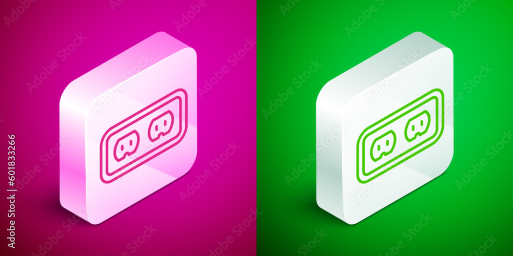 Isometric line Electrical outlet icon isolated on pink and green background. Power socket. Rosette symbol. Silver square button. Vector Isometric line Electrical outlet icon isolated on pink and green background. Power socket. Rosette symbol. Silver square button. Vector