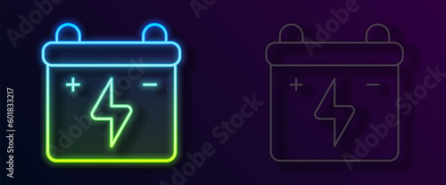 Glowing neon line Car battery icon isolated on black background. Accumulator battery energy power and electricity accumulator battery. Vector