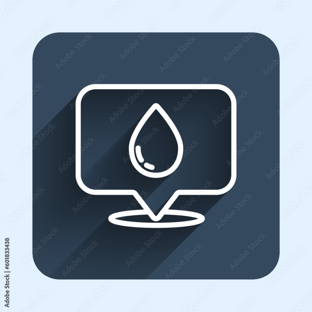 White line Water drop with location icon isolated with long shadow background. Blue square button. Vector White line Water drop with location icon isolated with long shadow background. Blue square button. Vector