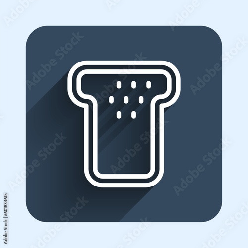 White line Bread toast for sandwich piece of roasted crouton icon isolated with long shadow background. Lunch, dinner, breakfast snack. Blue square button. Vector