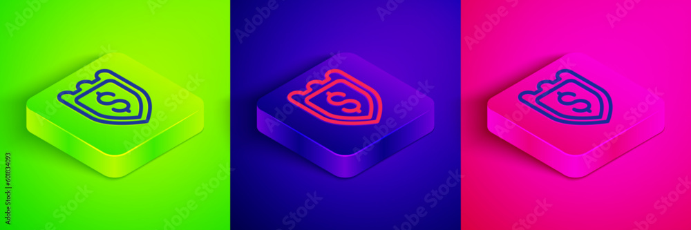 Isometric line Shield with dollar symbol icon isolated on green, blue and pink background. Security shield protection. Money security concept. Square button. Vector Isometric line Shield with dollar symbol icon isolated on green, blue and pink background. Security shield protection. Money security concept. Square button. Vector