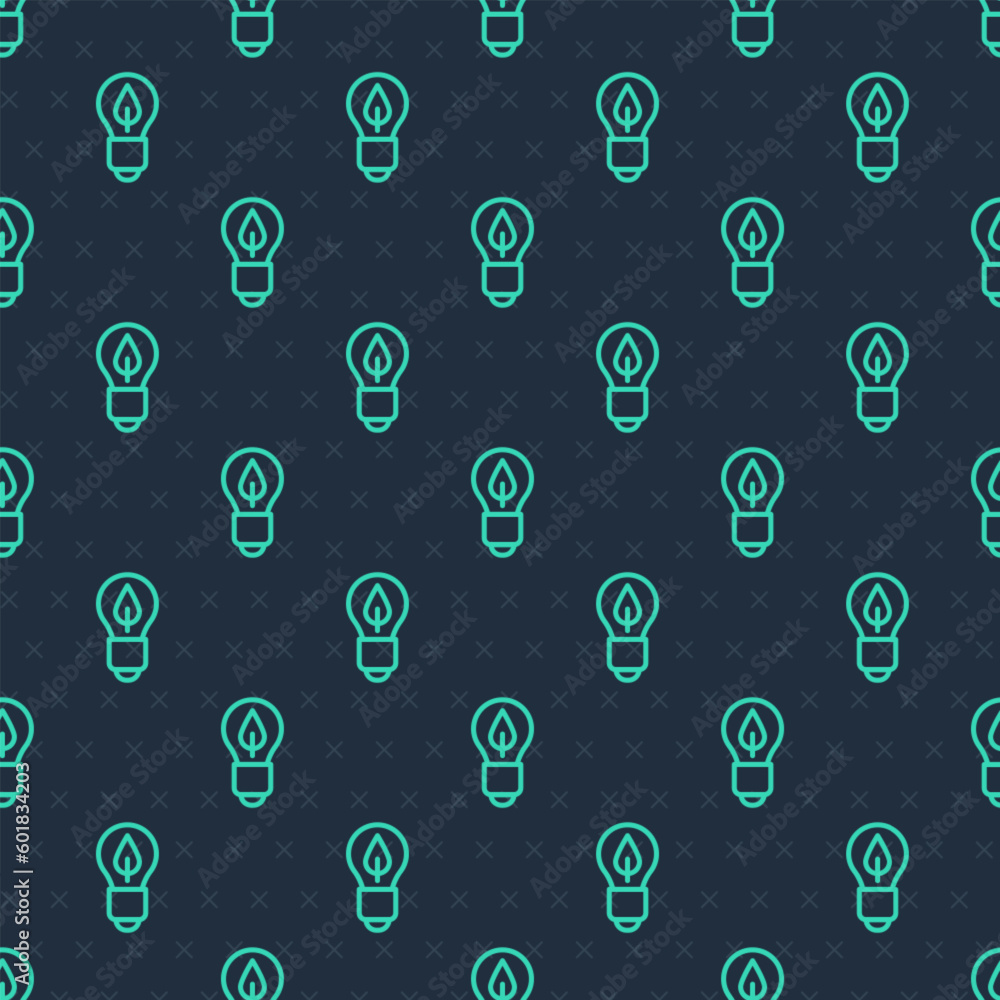 Green line Light bulb with leaf icon isolated seamless pattern on blue background. Eco energy concept. Alternative energy concept. Vector Green line Light bulb with leaf icon isolated seamless pattern on blue background. Eco energy concept. Alternative energy concept. Vector