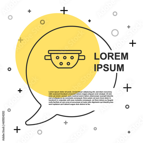 Black line Kitchen colander icon isolated on white background. Cooking utensil. Cutlery sign. Random dynamic shapes. Vector