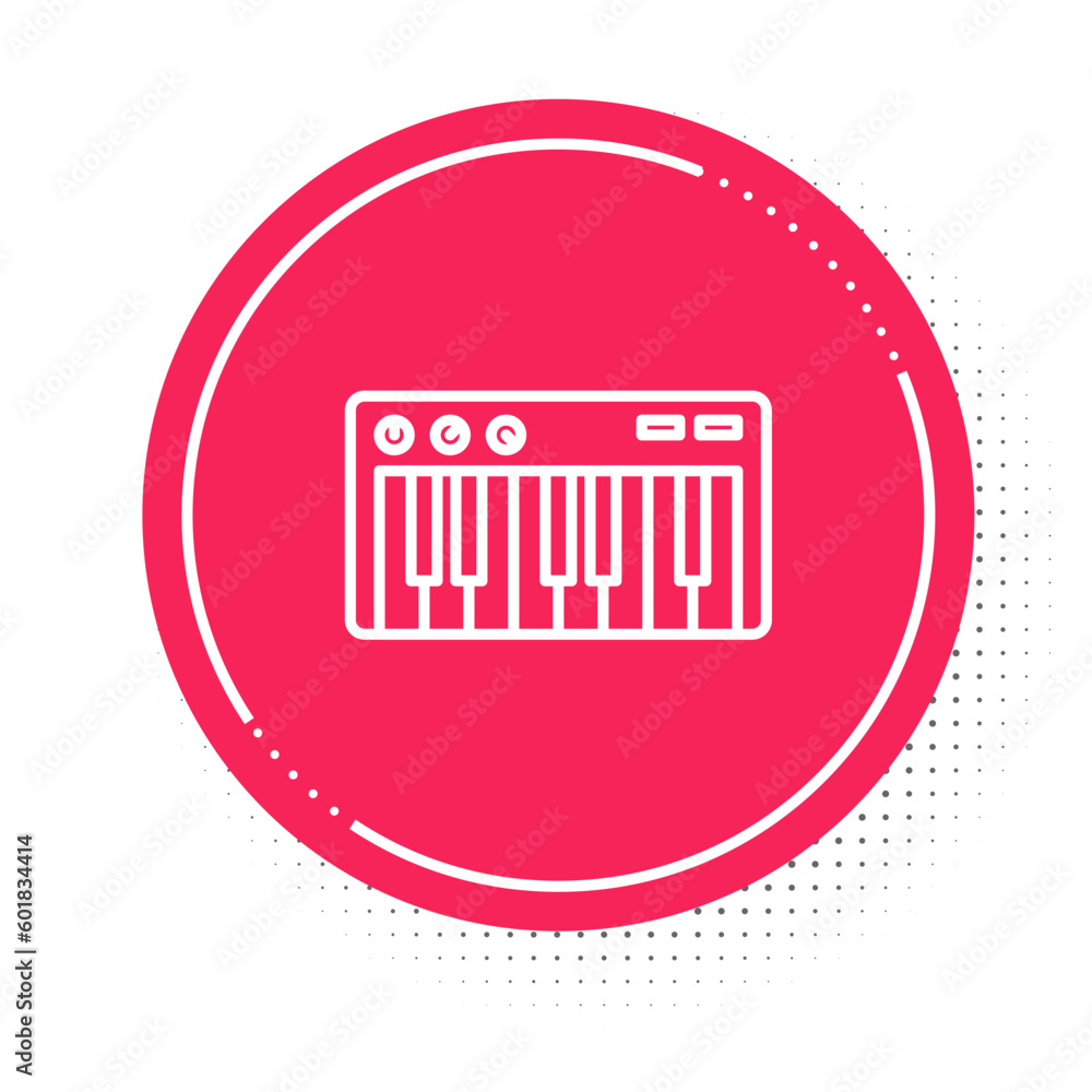White line Music synthesizer icon isolated on white background. Electronic piano. Red circle button. Vector White line Music synthesizer icon isolated on white background. Electronic piano. Red circle button. Vector
