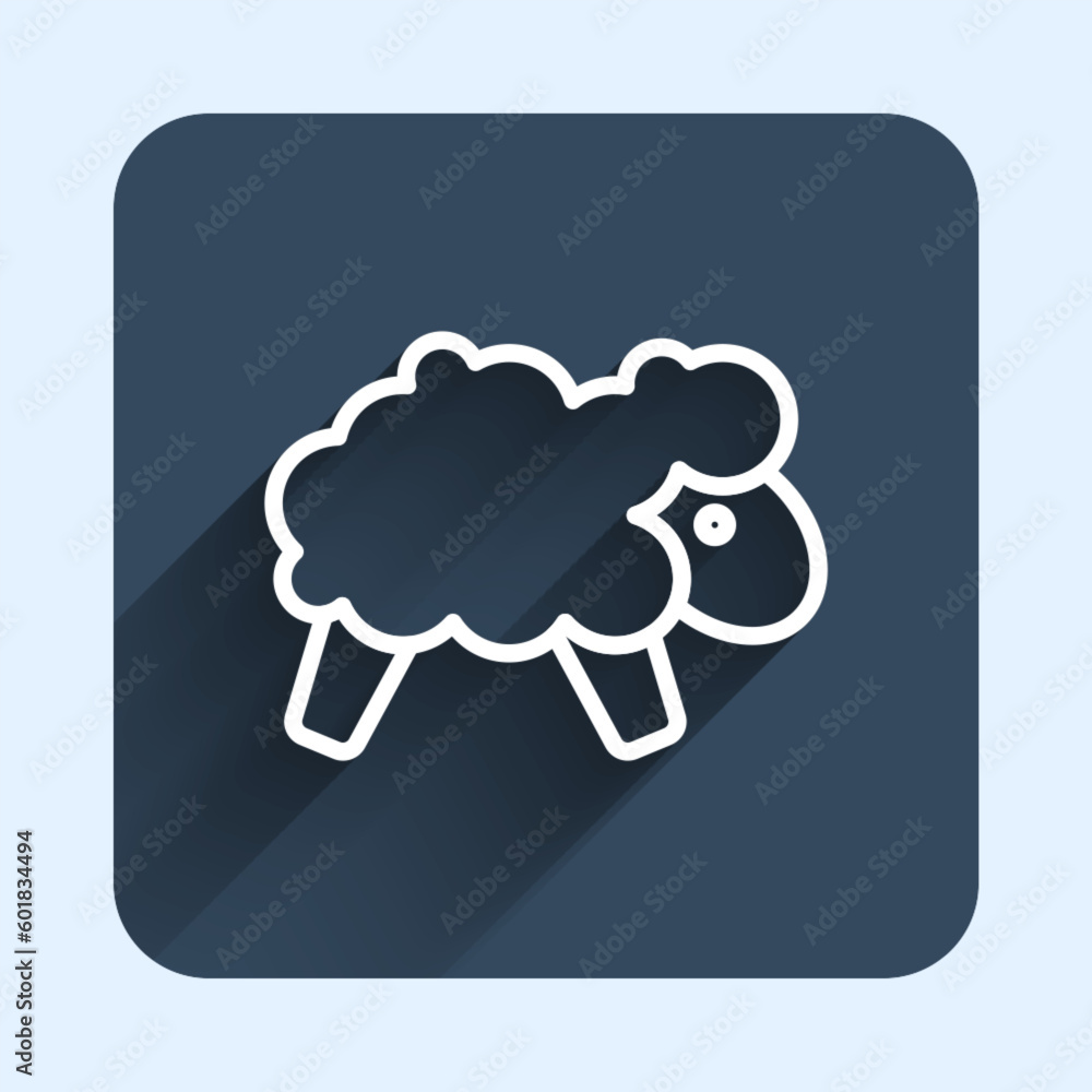 White line Sheep icon isolated with long shadow background. Counting sheep to fall asleep. Blue square button. Vector White line Sheep icon isolated with long shadow background. Counting sheep to fall asleep. Blue square button. Vector