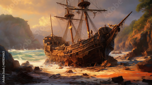 Fényképezés Shipwreck of wooden pirate ship run ashore in hidden bay - Generative AI