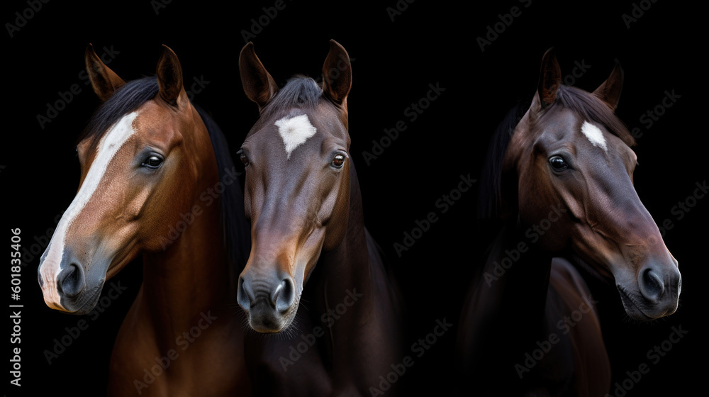 3 t^tes de chevaux vue de face sur fond noir 3 t^tes de chevaux vue de face sur fond noir