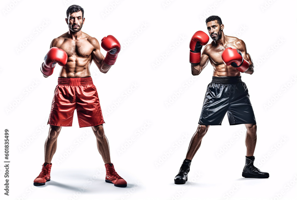 Sporty fit latin man during boxing exercise making hit. Boxer isolated on white background. Strength and motivation. Generative Ai.