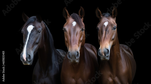 3 t tes de chevaux vue de face sur fond noir