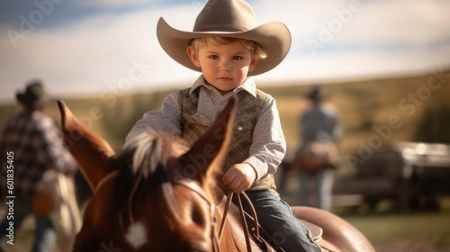 petit garçon avec tenue de cowboy sur son cheval photo