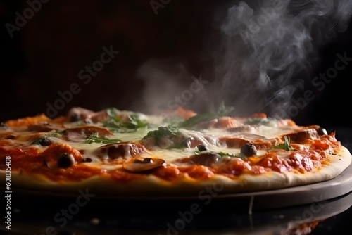 Close-up shot of steaming hot wood-fired oven pizza on a wooden plate. Generative Ai