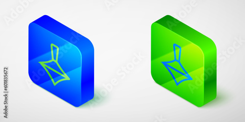 Isometric line Whirligig toy icon isolated on grey background. Blue and green square button. Vector