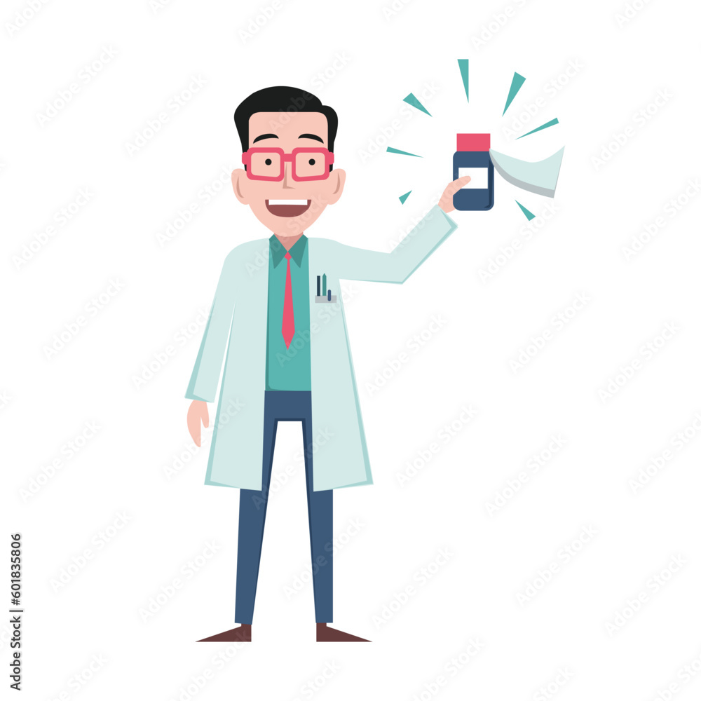 Man doctor smiling with glasses holds bottle of medicine vaccine in his hands Man doctor smiling with glasses holds bottle of medicine vaccine in his hands