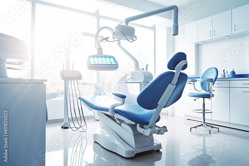 Modern Dental Clinic  Dentist chair and other accessories used by dentists in blue medical light. Image generated by AI