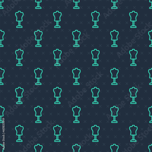 Green line Mannequin icon isolated seamless pattern on blue background. Tailor dummy. Vector