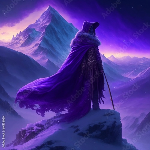 A mysterious figure in a flowing purple cloak, standing atop a snow-capped mountain peak