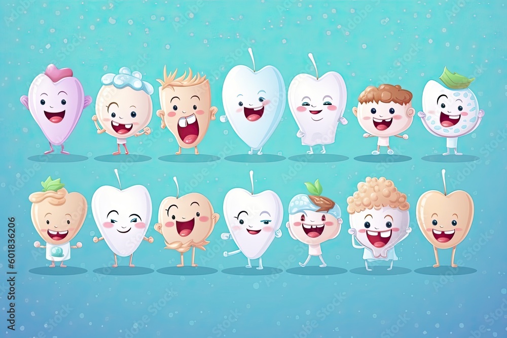 Fototapeta premium illustration of cute cartoon happy Teeth mascot or character. Happy dentist day, tooth sketch for your design. Image generated by artificial intelligence