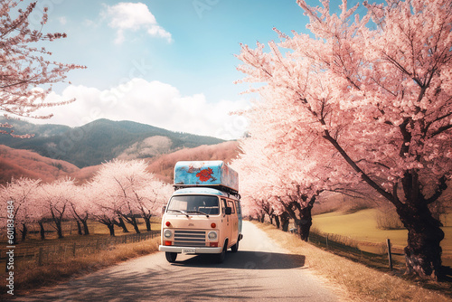 Bright vintage camper van parked in the road surrounded by cherry blossom trees and big beautiful mountains. Generative AI.